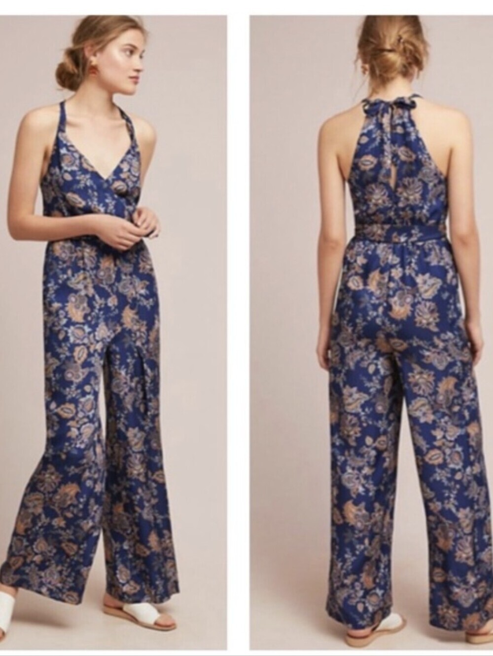 Anthropologie Ett:twa Blue Paisley Belted Wide Leg Womens Jumpsuit Sz M